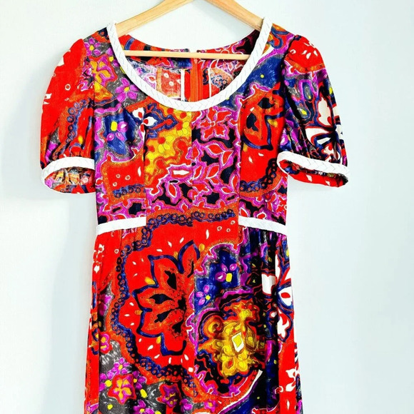 Vintage Colourful Paisley Print THC Hawaiian Textiles Barkcloth Maxi Dress S/M - Picture 2 of 11